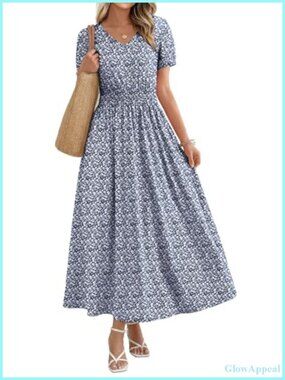 V Neck Maxi Dress Smocked Waist A Line Midi Summer Boho Dress